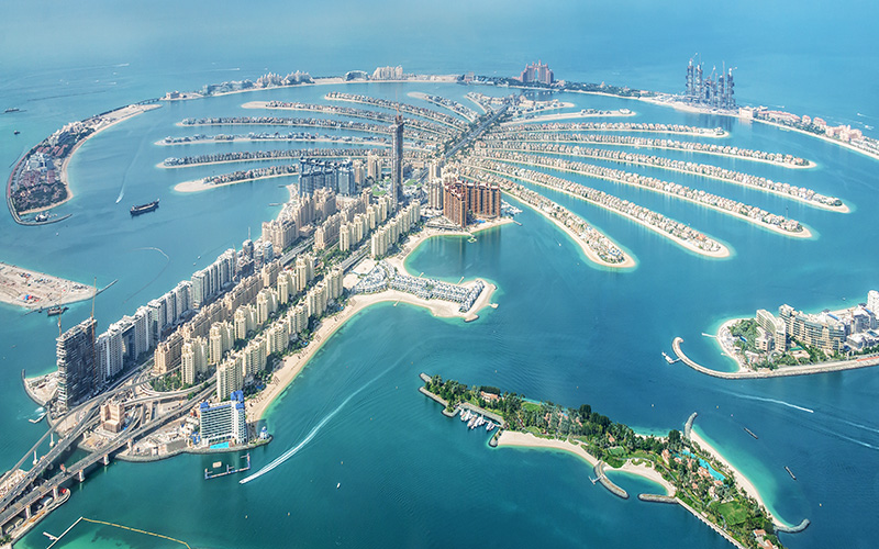 Aerial view of Palm Jumeirah Island in Dubai