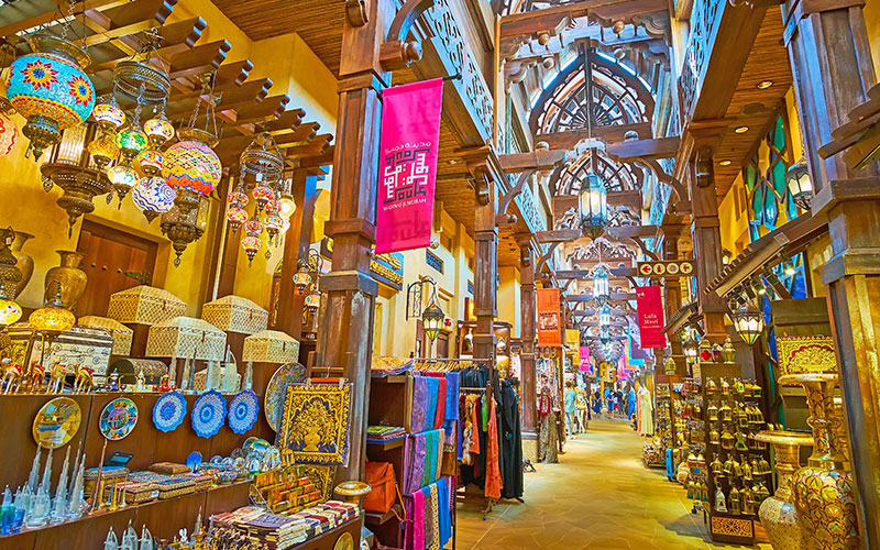 Inside of the colourful Souk Madinat Jumeirah in Dubai