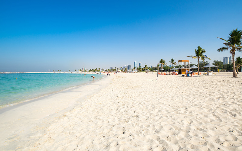White sandy beach with palm trees at Al Mamzar Beach Park in Dubai
